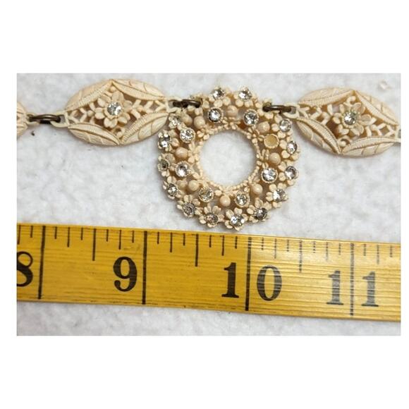 Antique 20s 30s Carved Celluloid Cream Necklace Rhinestones Carved Ornate Lacy - Picture 4 of 7